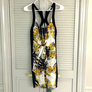 Black and gold abstract floral mini—super flattering fit and all black back